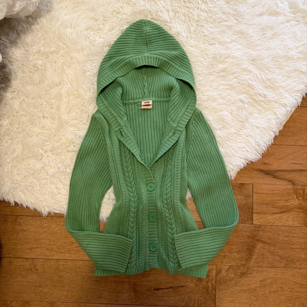 Faded Glory Green Cable Knit Hooded Cardigan Sweater Womens Medium M 8/10 Boho